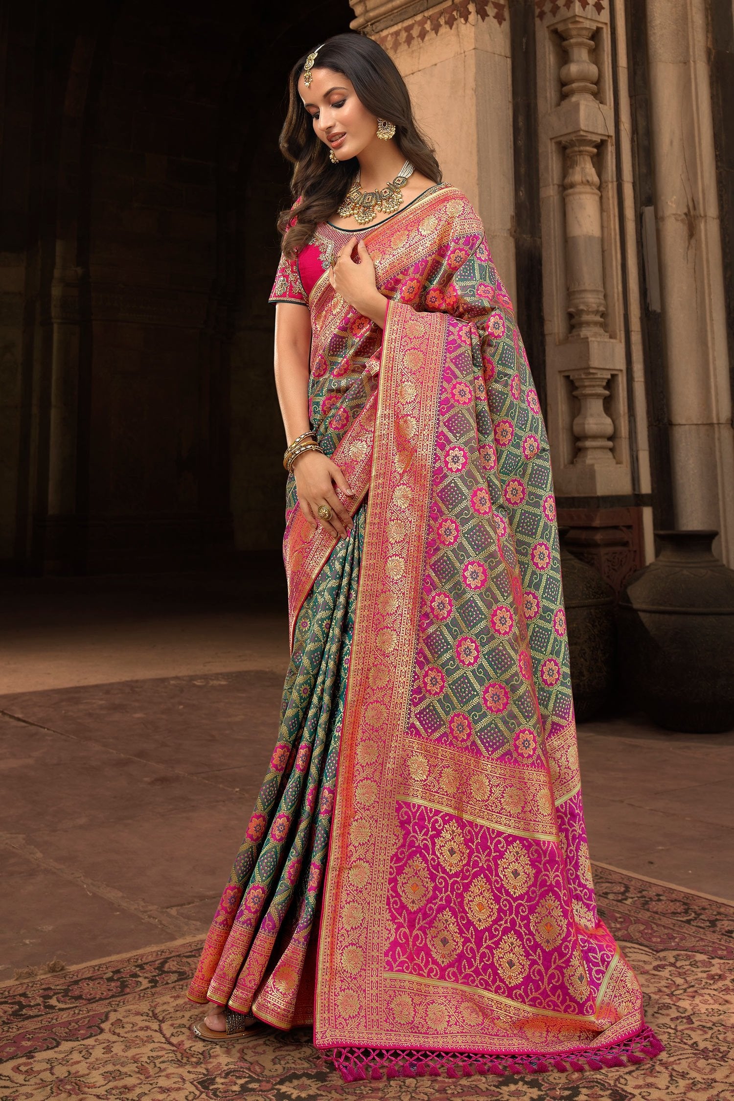 Buy MySilkLove Dingley Green and Pink Designer Banarasi Woven Silk Saree Online