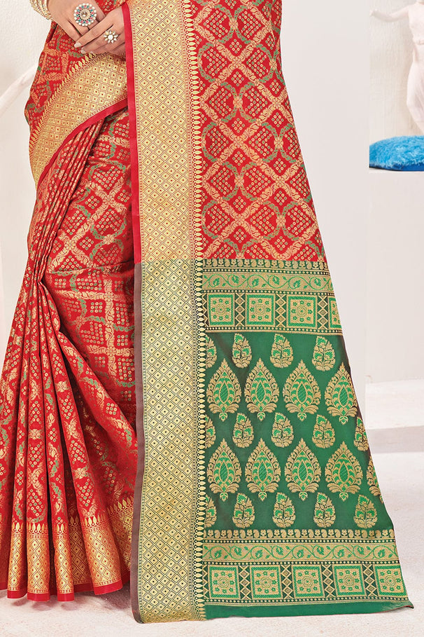 Buy MySilkLove Mahogany Red and Green Zari Woven Patola Saree Online