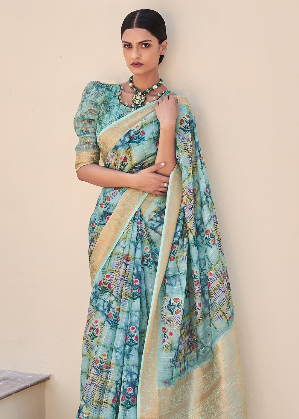 Buy MySilkLove Juniper Blue Digital Print Linen Saree Online