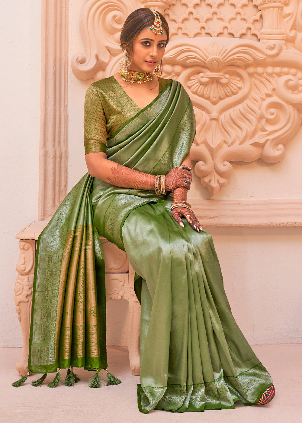 MySilkLove Locust Green Zari Woven Designer Saree