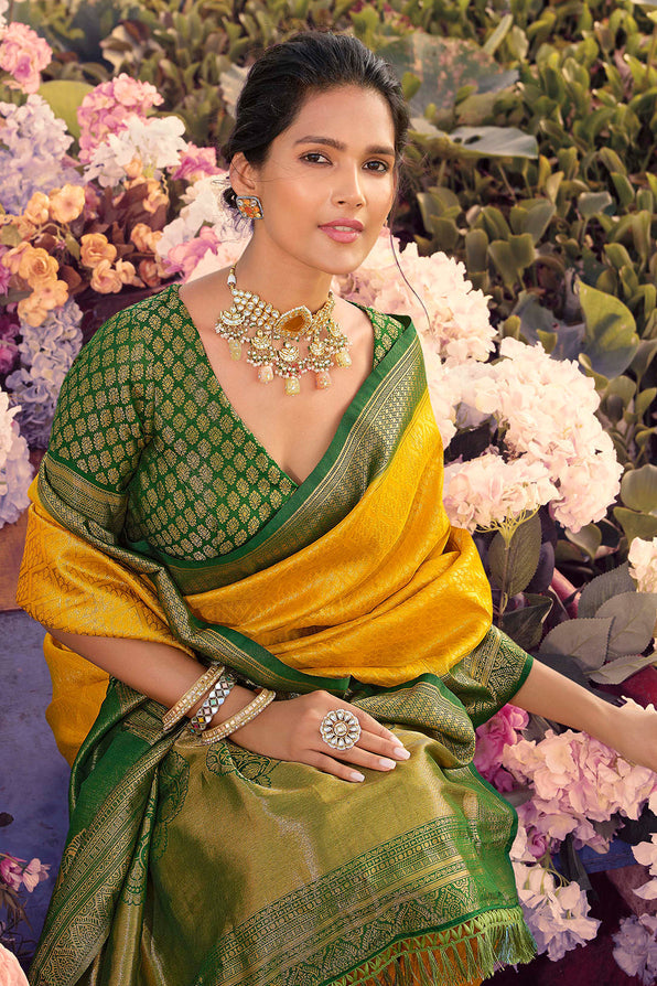 Ochre Yellow and Green Woven Kanjivaram Saree