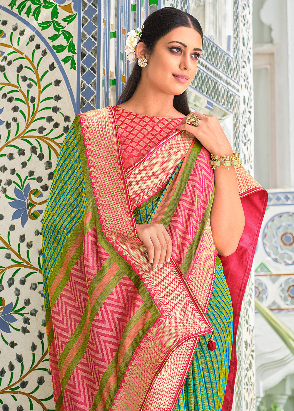 MySilkLove Aqua Forest Green Brasso Patola Printed Saree