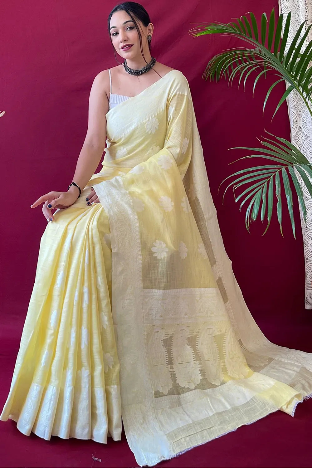 Buy MySilkLove Caper Yellow Lucknowi Woven Linen Saree Online