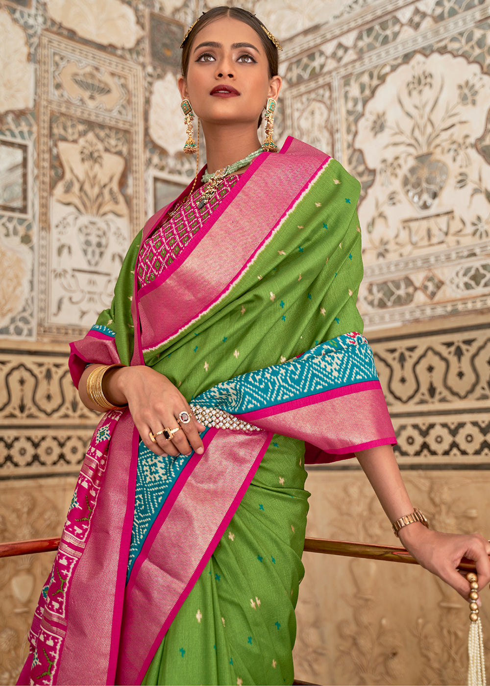 Buy MySilkLove Green Pink and Blue Cotton Patola Printed Saree Online