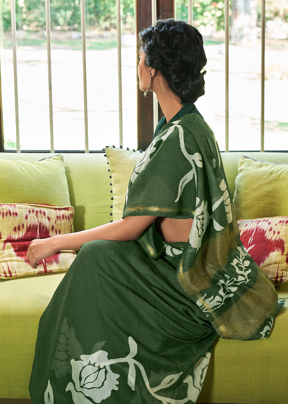 MySilkLove Everglade Green Cotton Linen Batik Printed Saree