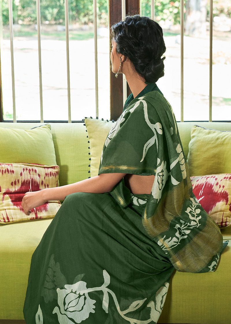 Everglade Green Cotton Linen Batik Printed Saree