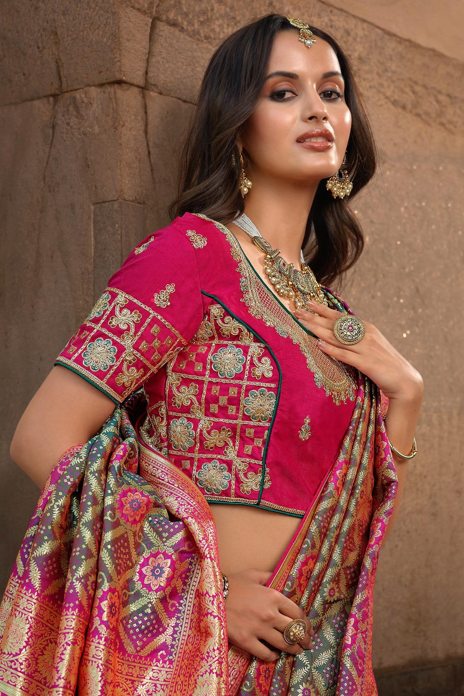 MySilkLove Dingley Green and Pink Designer Banarasi Woven Silk Saree