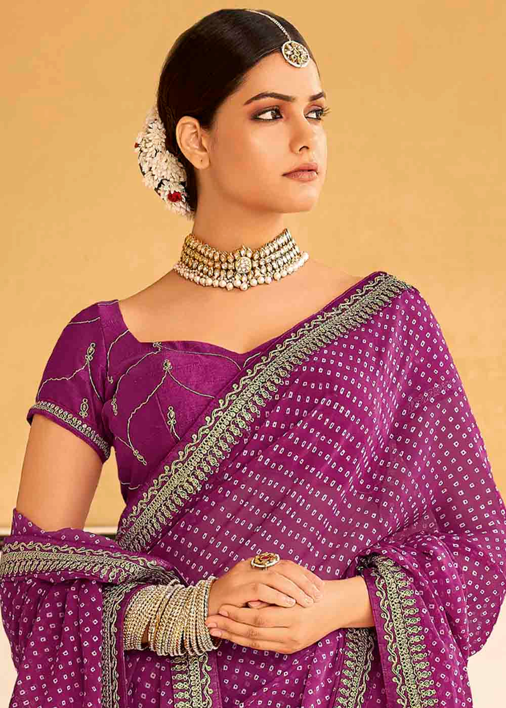 MySilkLove Rouge Purple Georgette Leheriya Printed Saree with Embroidered Blouse