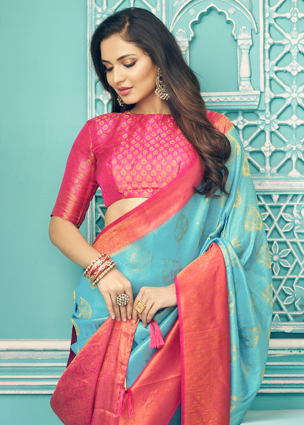 Buy MySilkLove Monte Carlo Blue and Pink kanjivaram Saree Online