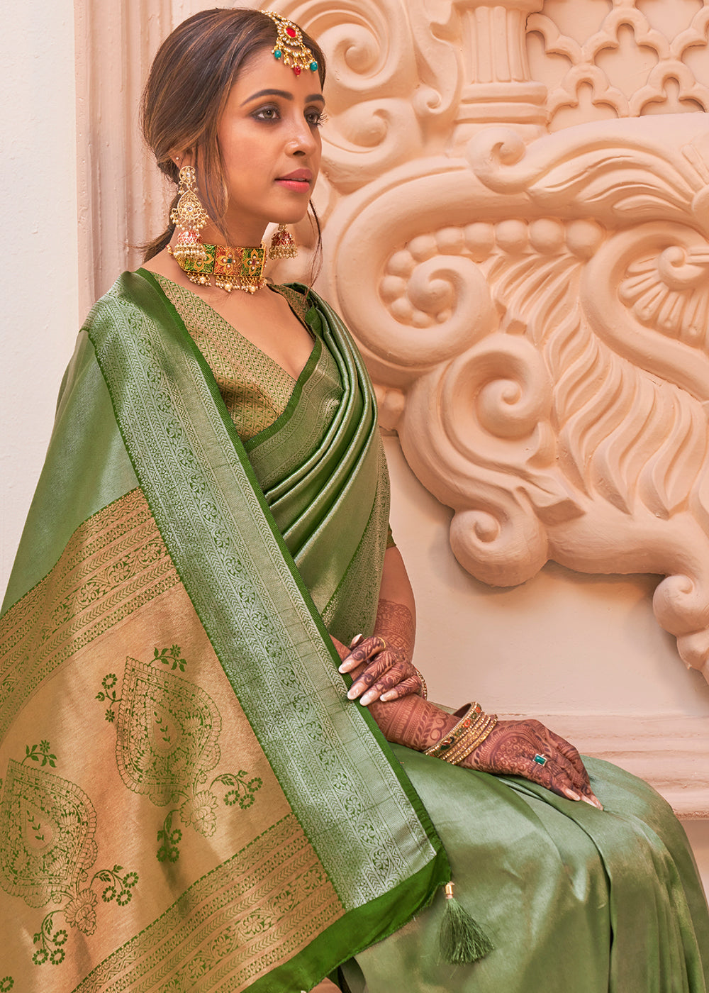 Buy MySilkLove Locust Green Zari Woven Designer Saree Online