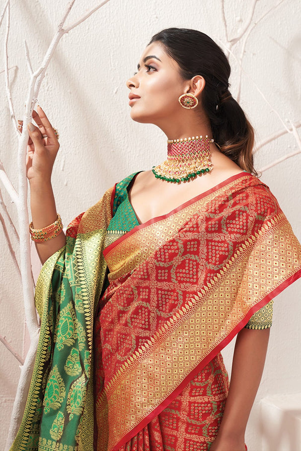 Buy MySilkLove Mahogany Red and Green Zari Woven Patola Saree Online