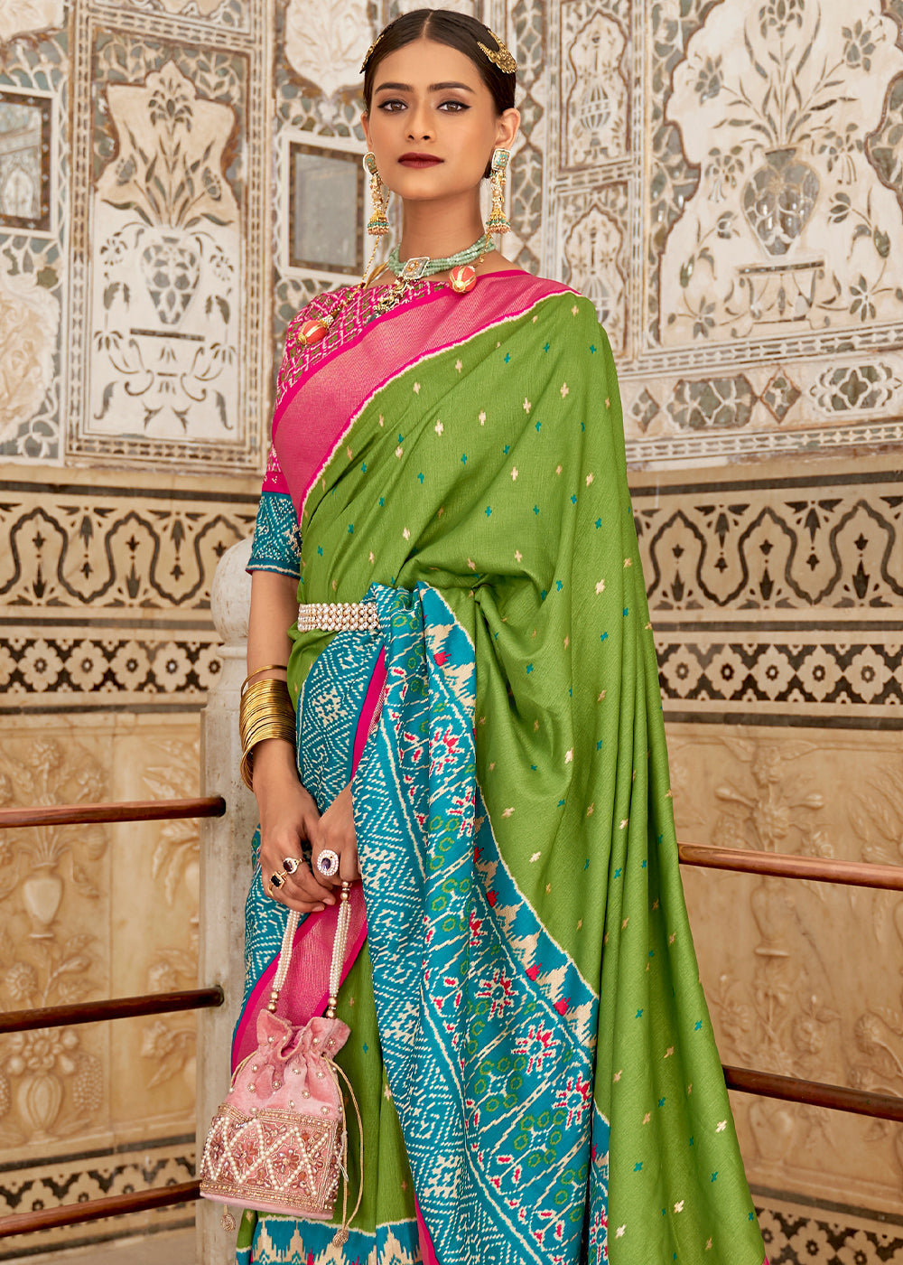 MySilkLove Green Pink and Blue Cotton Patola Printed Saree