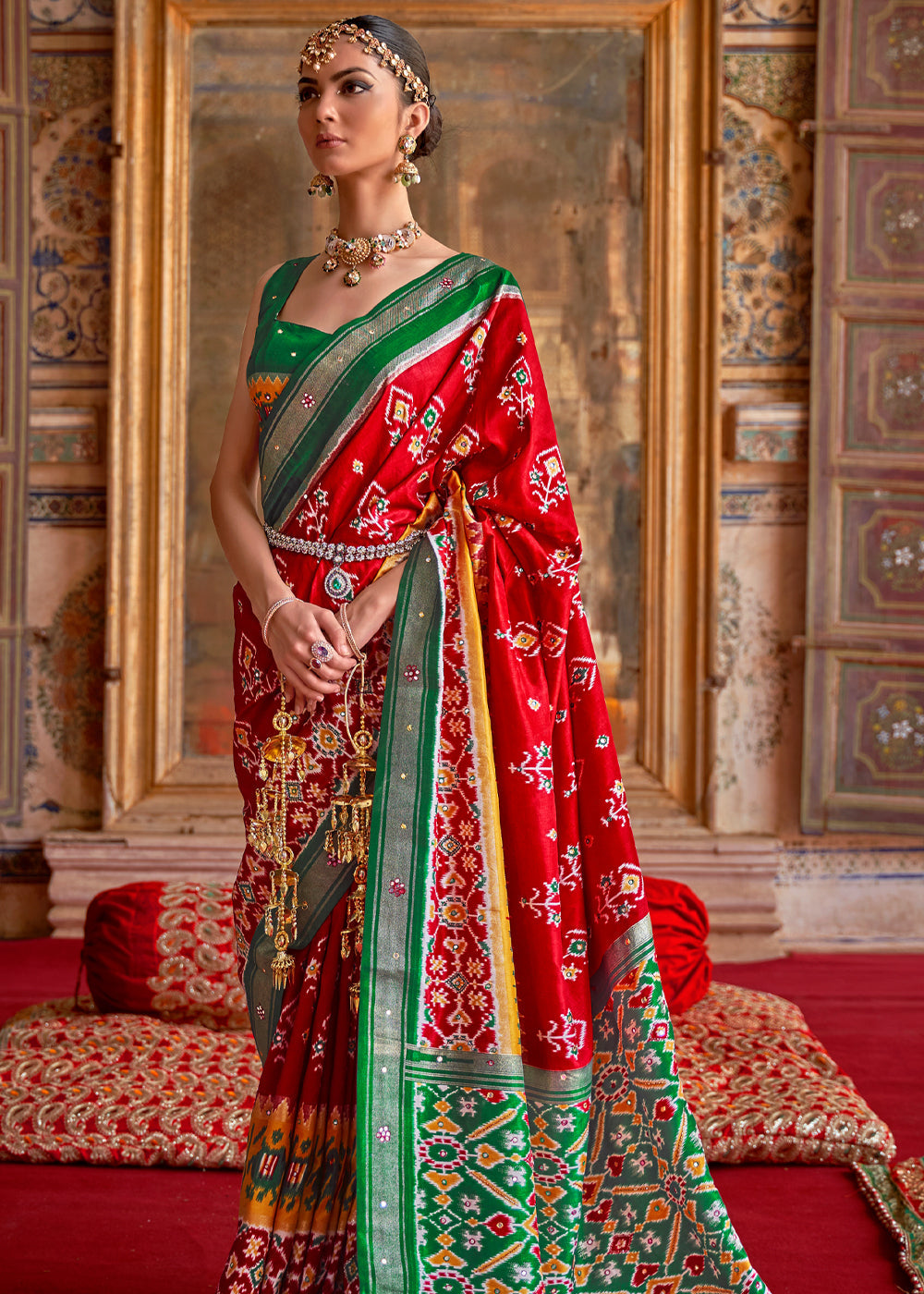 Buy MySilkLove Mahogany Red and Green Woven Patola Silk Saree Online