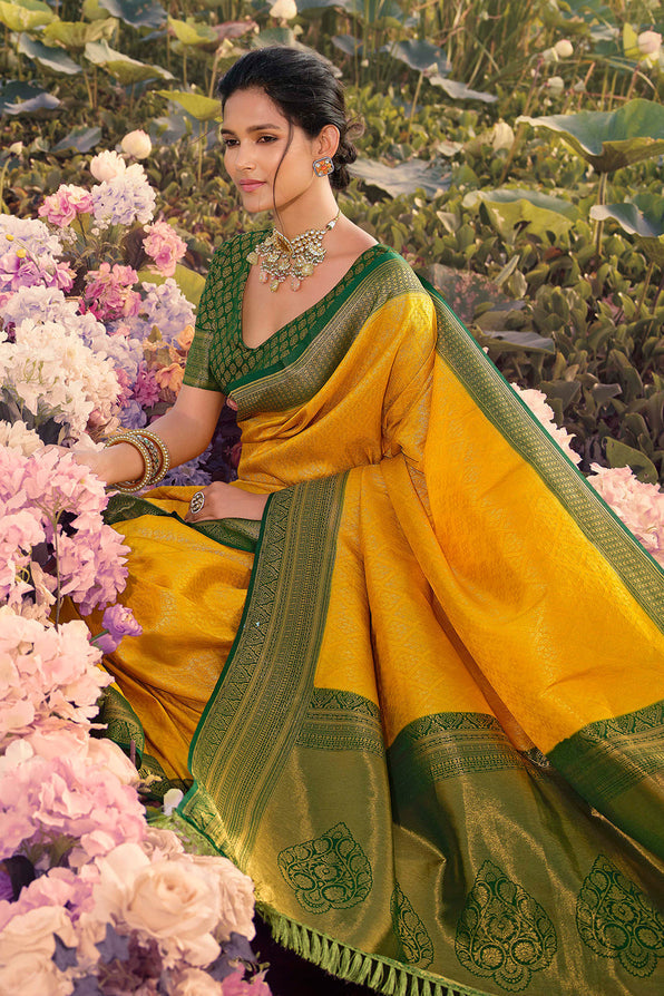 Ochre Yellow and Green Woven Kanjivaram Saree