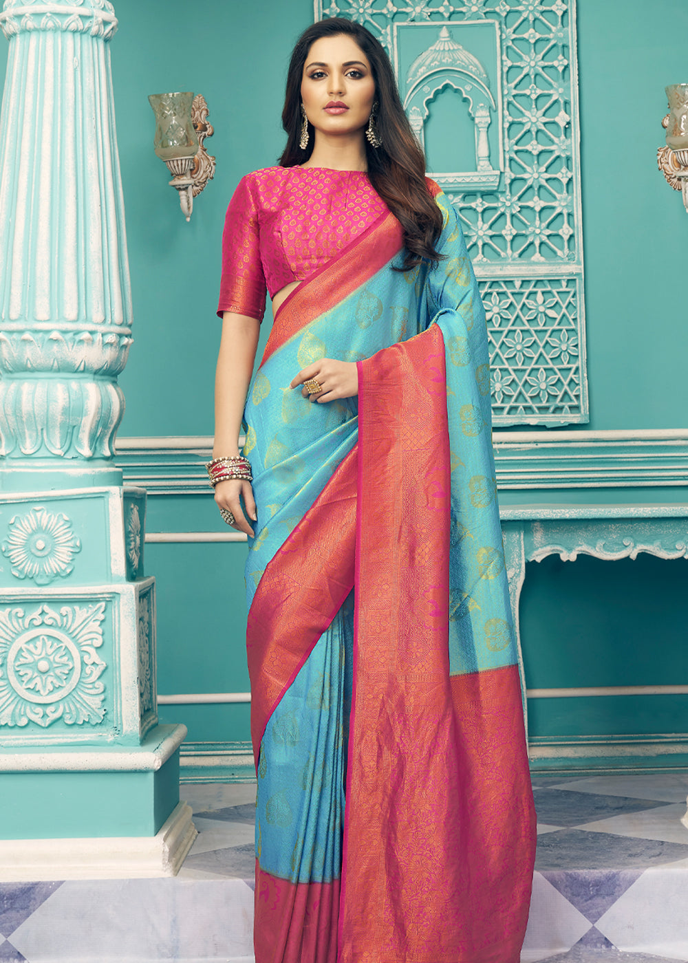 Buy MySilkLove Monte Carlo Blue and Pink kanjivaram Saree Online