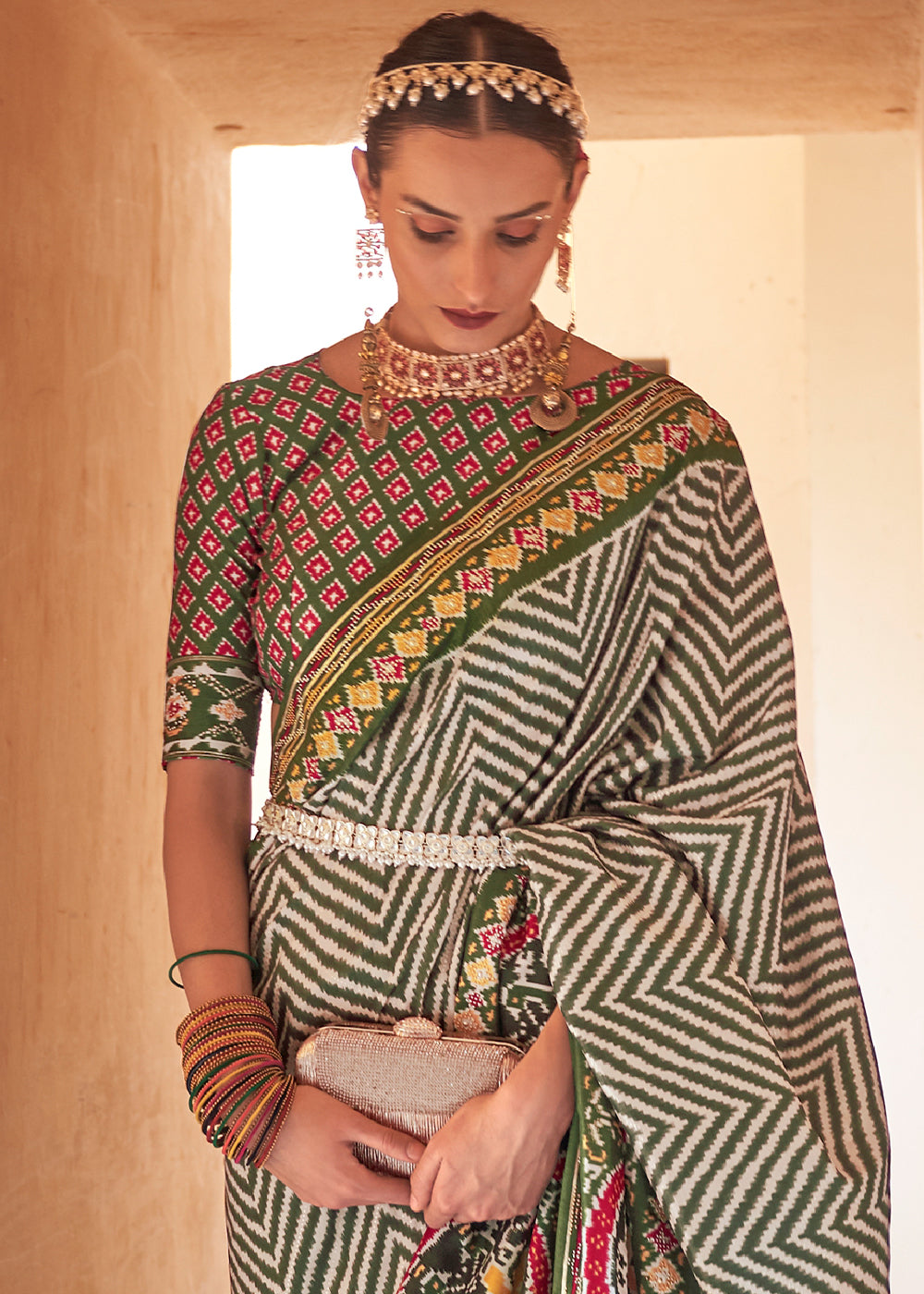 Buy MySilkLove Olive Green Printed Patola Silk Saree Online