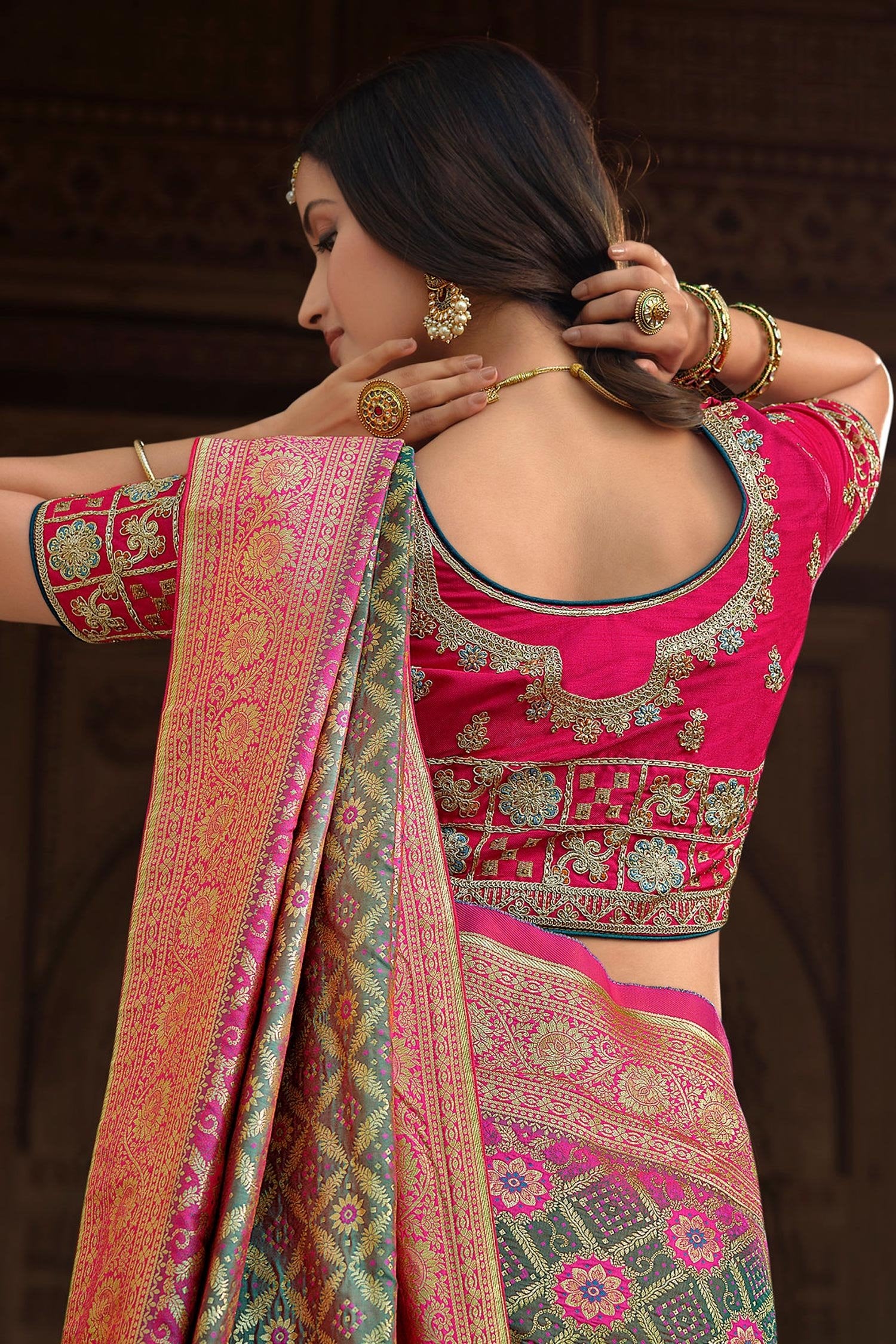 Buy MySilkLove Dingley Green and Pink Designer Banarasi Woven Silk Saree Online