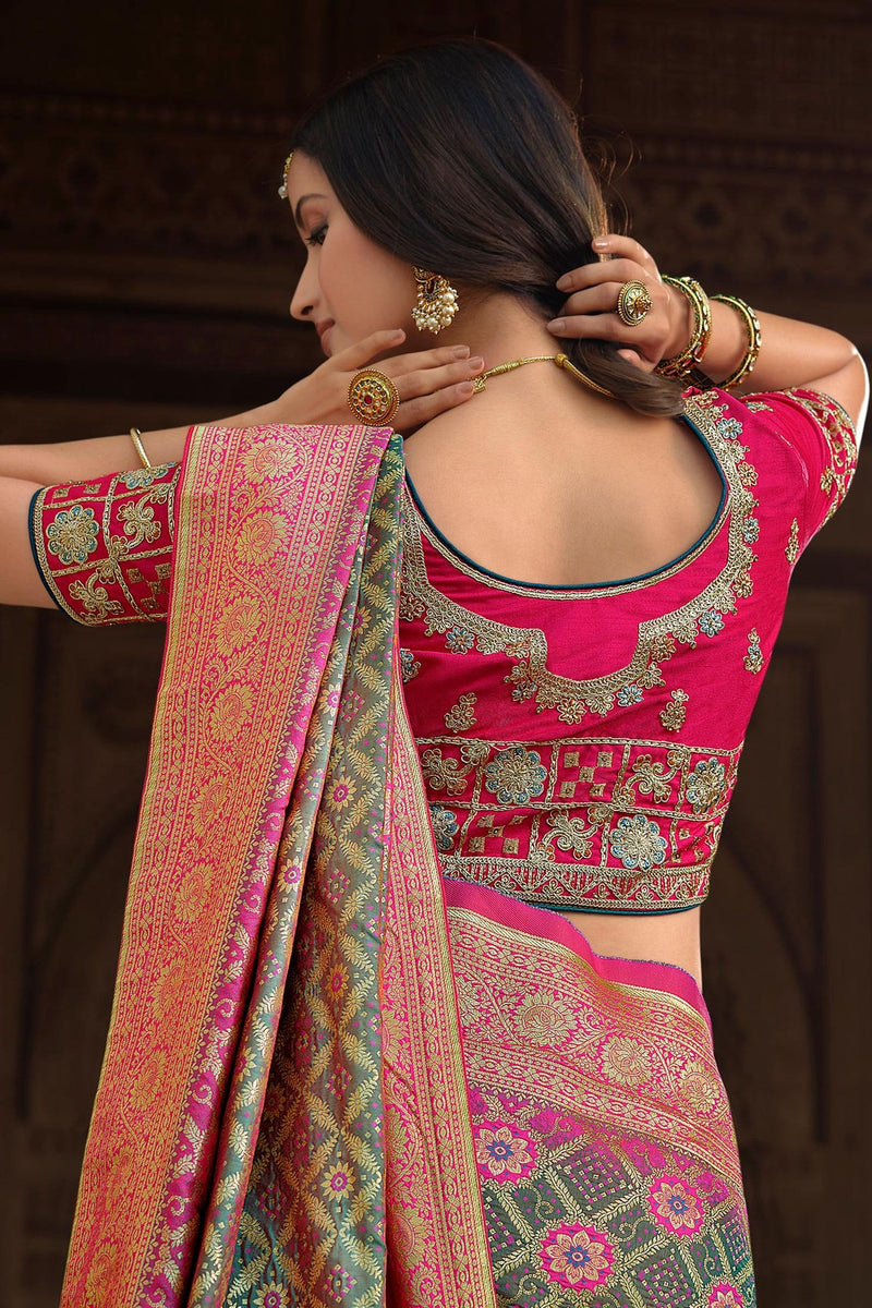 Dingley Green and Pink Designer Banarasi Woven Silk Saree