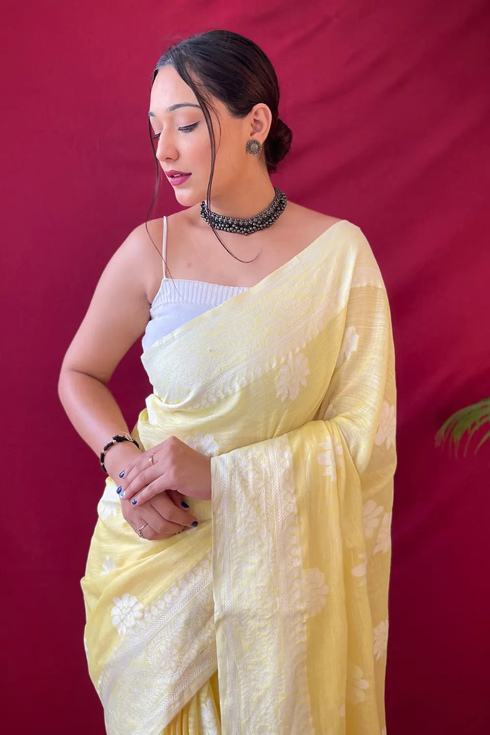Buy MySilkLove Caper Yellow Lucknowi Woven Linen Saree Online