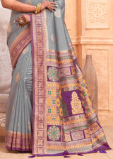 Venus Grey and Purple Zari Woven Banarasi Silk Saree