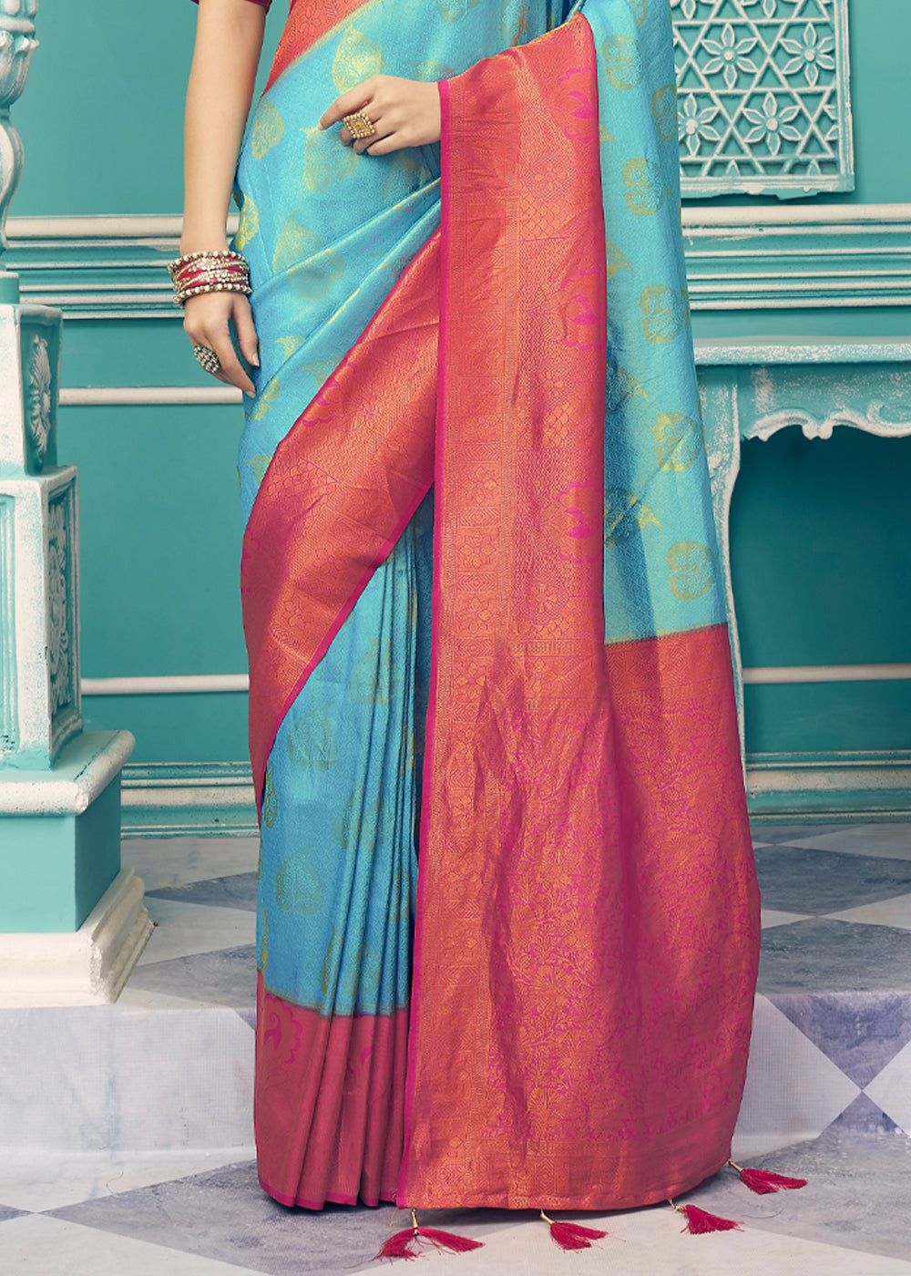 Buy MySilkLove Monte Carlo Blue and Pink kanjivaram Saree Online