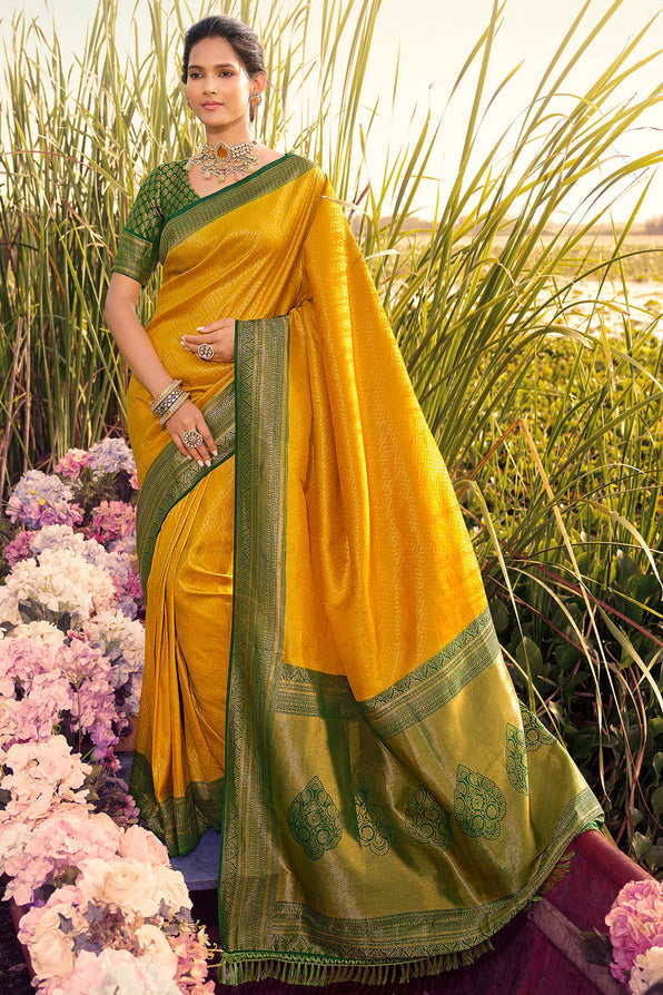 Buy MySilkLove Ochre Yellow and Green Woven Kanjivaram Saree Online