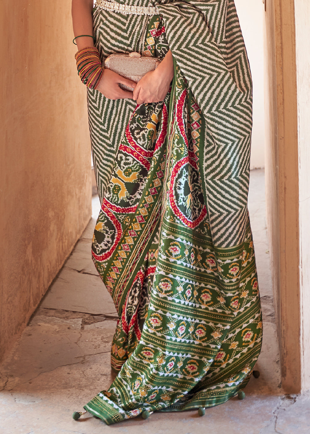 Buy MySilkLove Olive Green Printed Patola Silk Saree Online