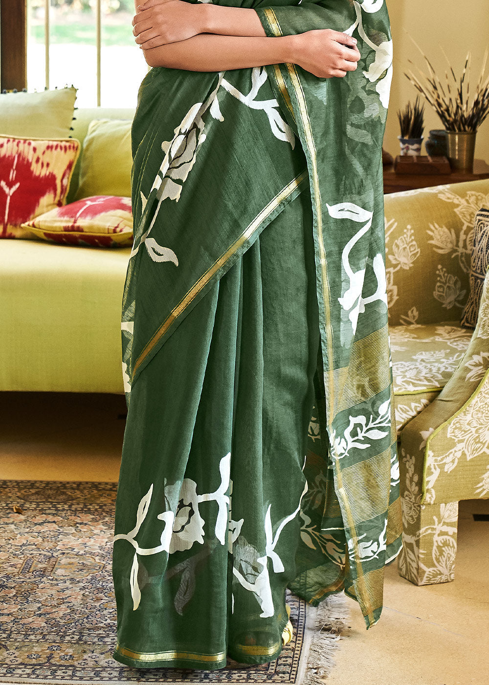 Buy MySilkLove Everglade Green Cotton Linen Batik Printed Saree Online