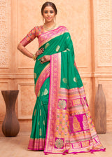 Salem Green and Pink Zari Woven Banarasi Silk Saree