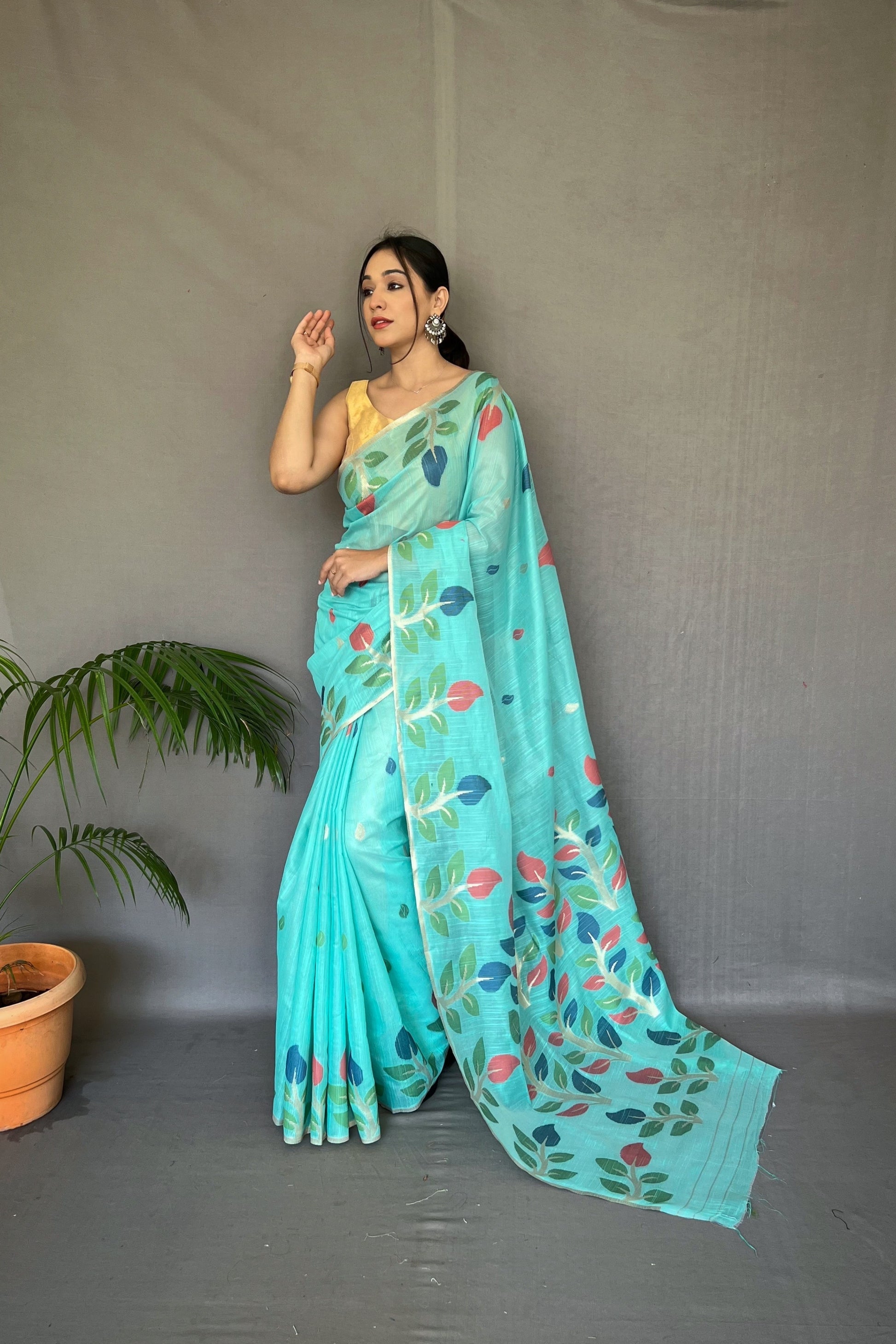 Buy MySilkLove Aquamarine Blue Woven Cotton Jamdani Silk Saree Online