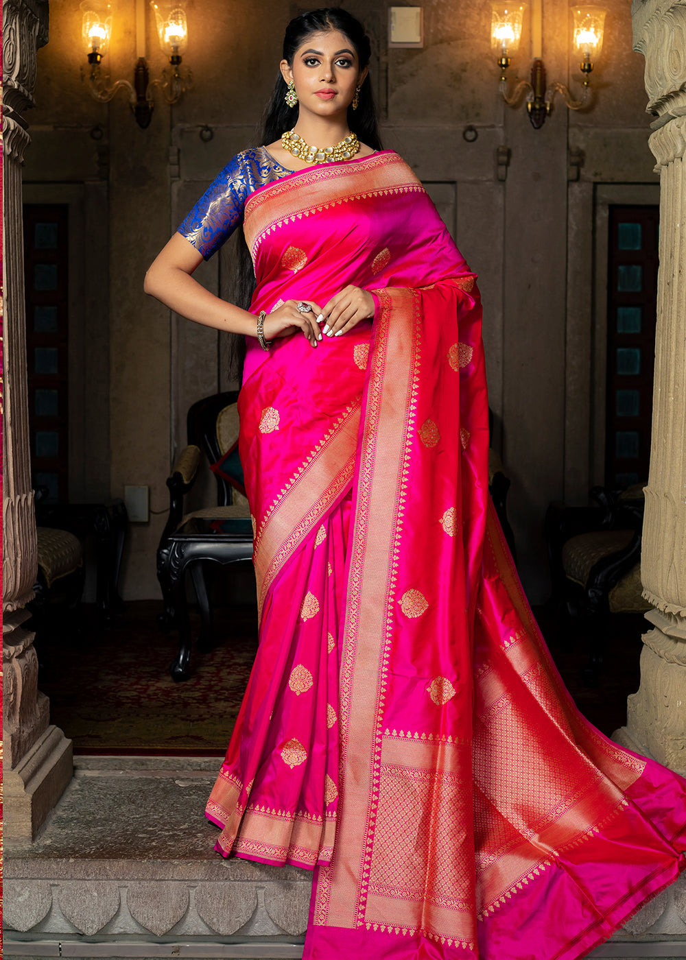 Buy MySilkLove Razzle Pink Hand Woven Katan Pure Silk Saree Online