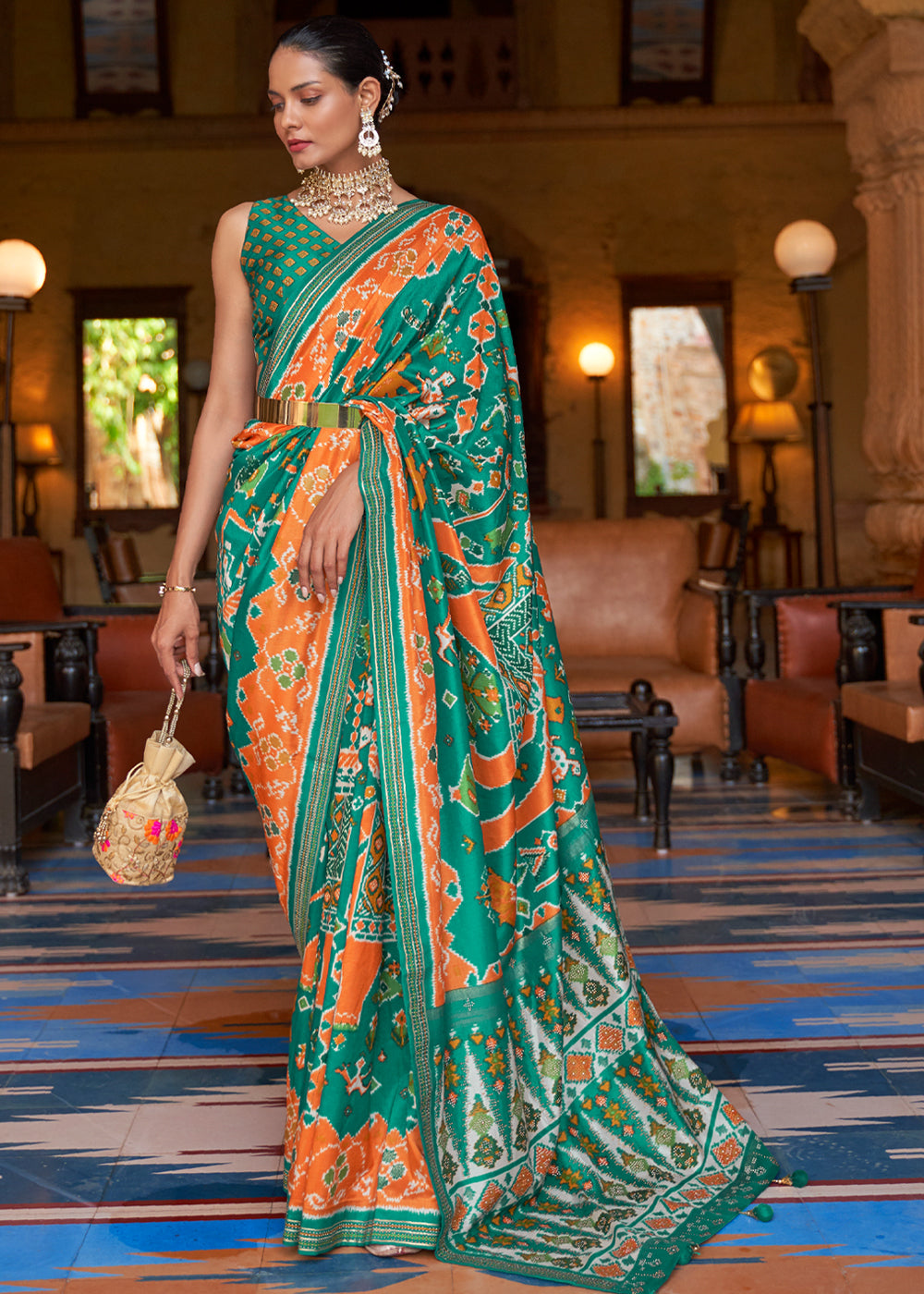 Buy MySilkLove Rajah Orange and Green Woven Patola Silk Saree Online
