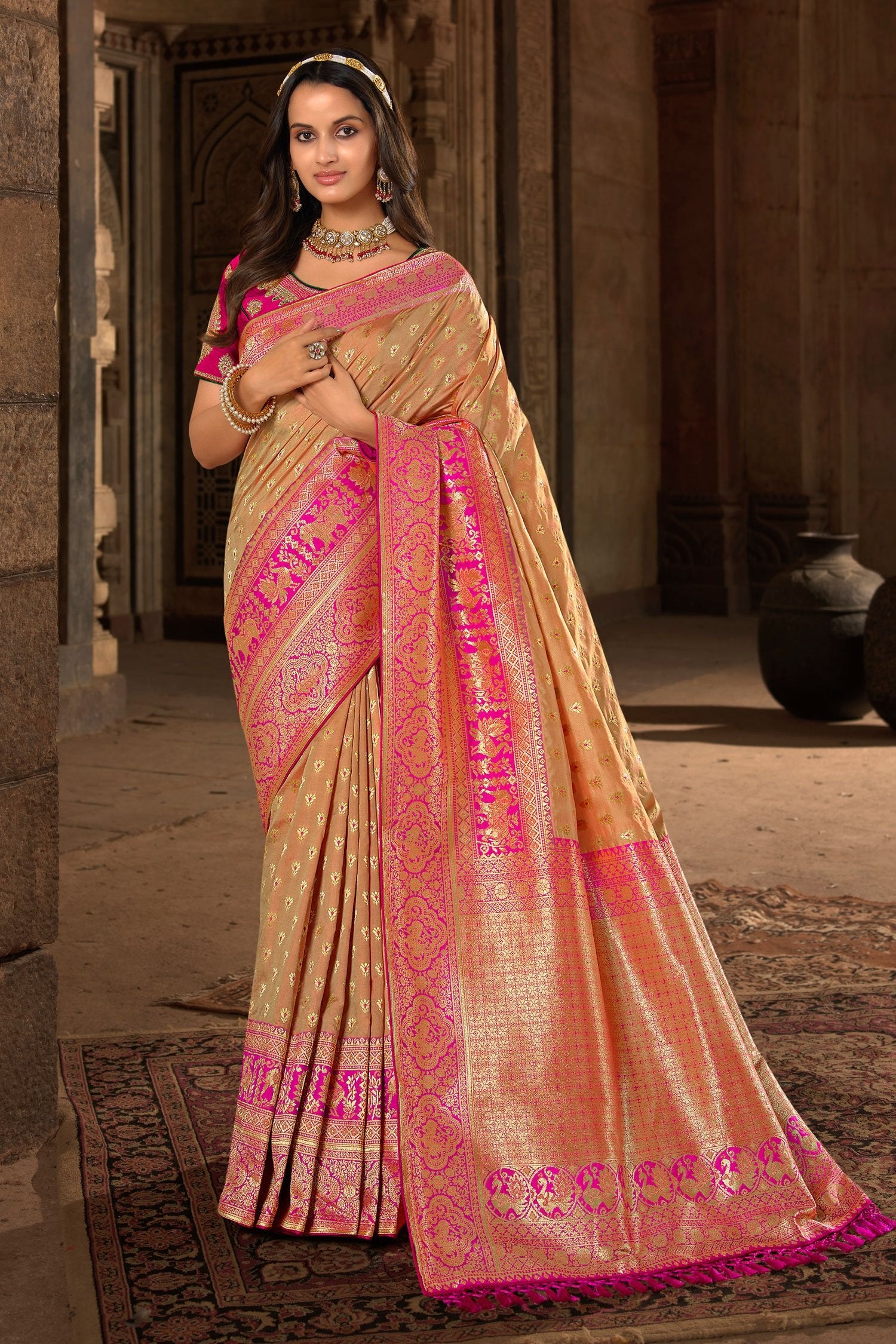 Buy MySilkLove Whiskey Brown and Pink Designer Banarasi Woven Silk Saree Online