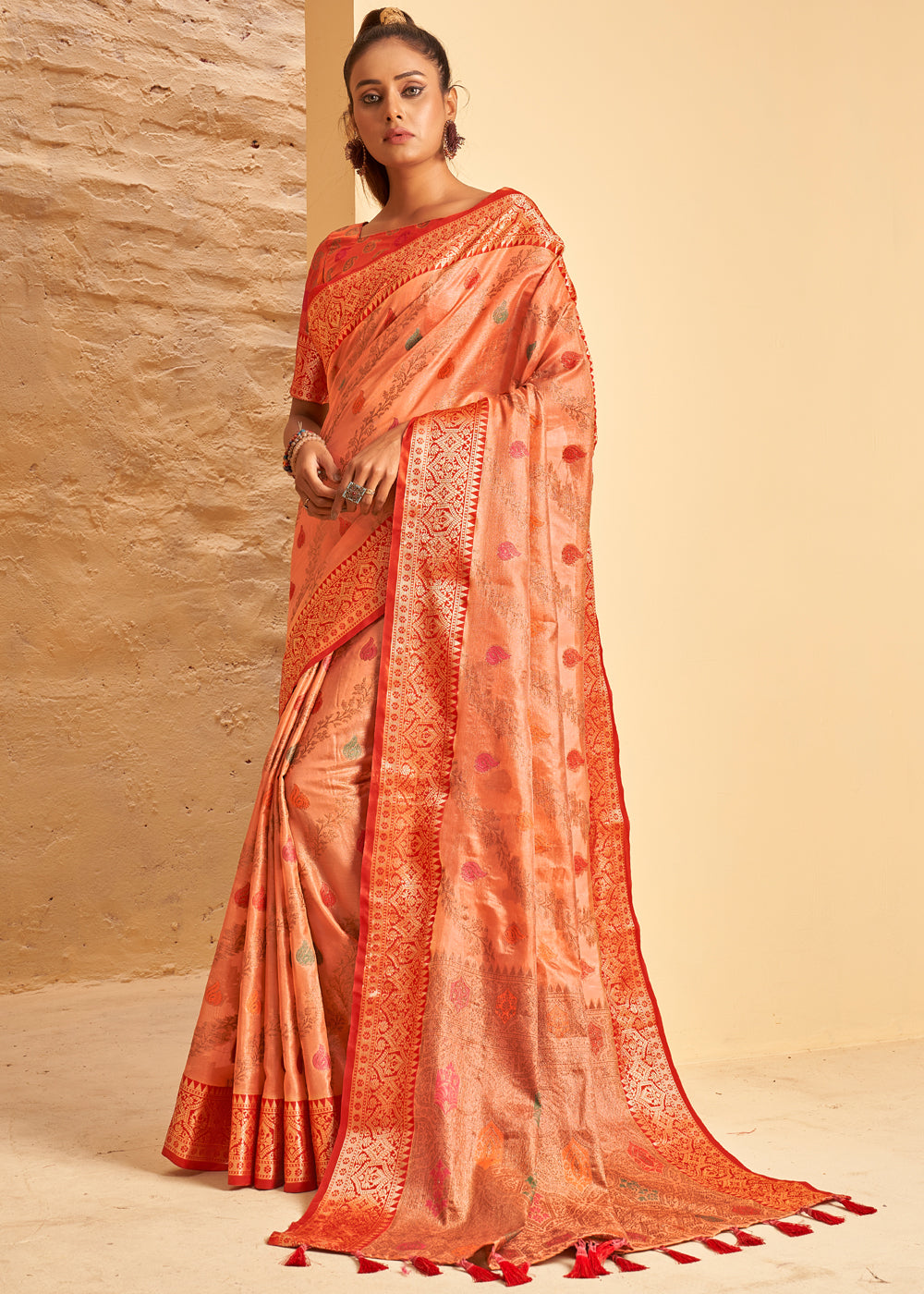 Buy MySilkLove Coral Orange Woven Banarasi Brocade Silk Saree Online