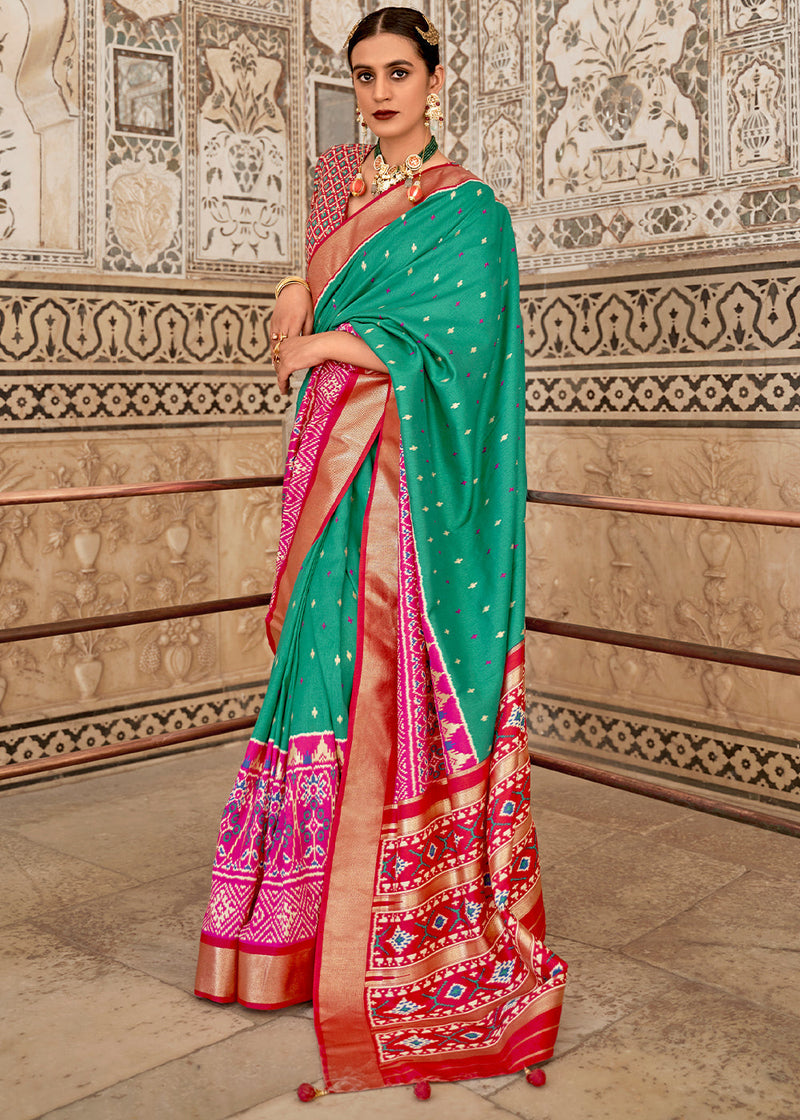 Elf Green and Pink Blue Cotton Patola Printed Saree