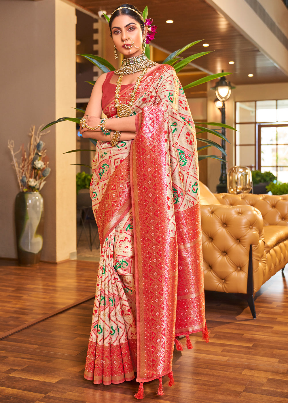 Buy MySilkLove Astra Cream Woven Banarasi Patola Silk Saree Online