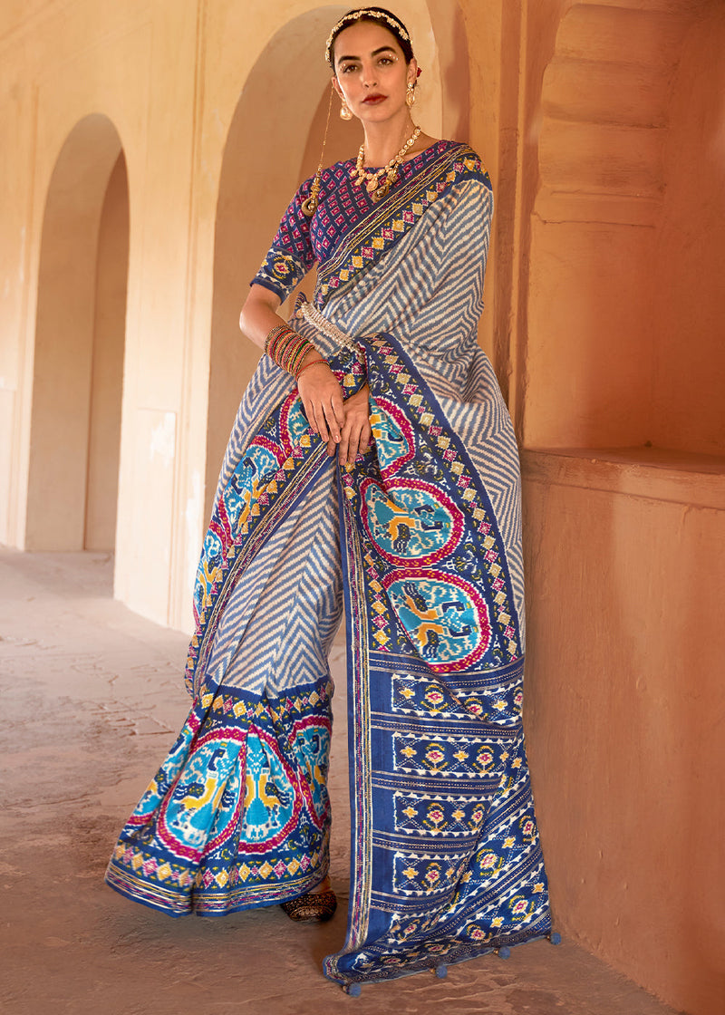 Digital Floral Printed Royal Blue Satin Silk Saree - Absolutely Desi