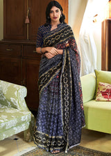 Trout Blue and Black Cotton Linen Batik Printed Saree