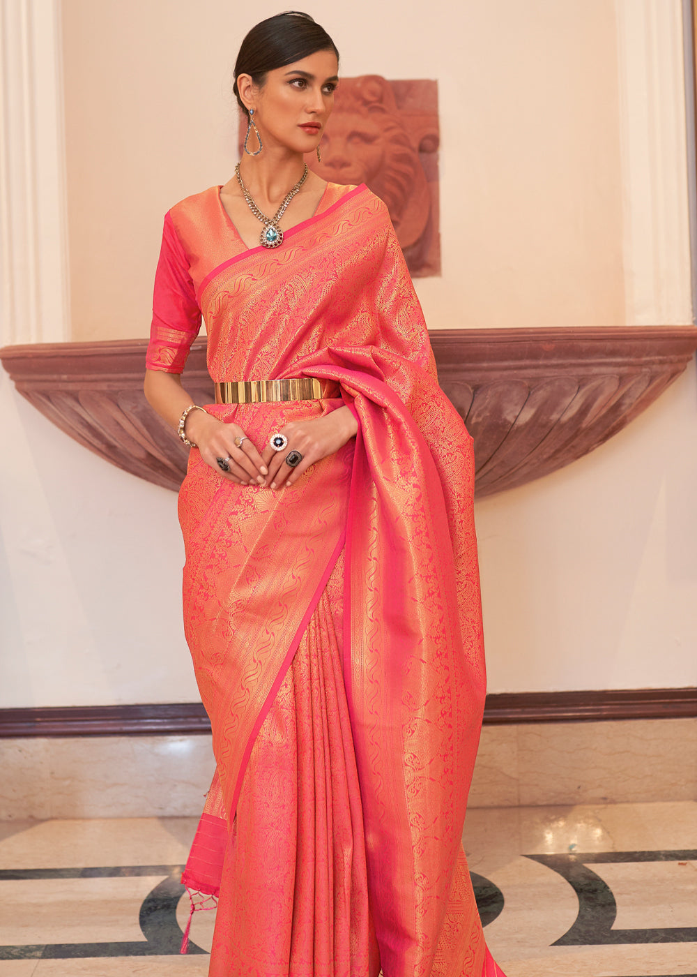 Buy MySilkLove Tulip Pink Woven Kanjivaram Silk Saree Online