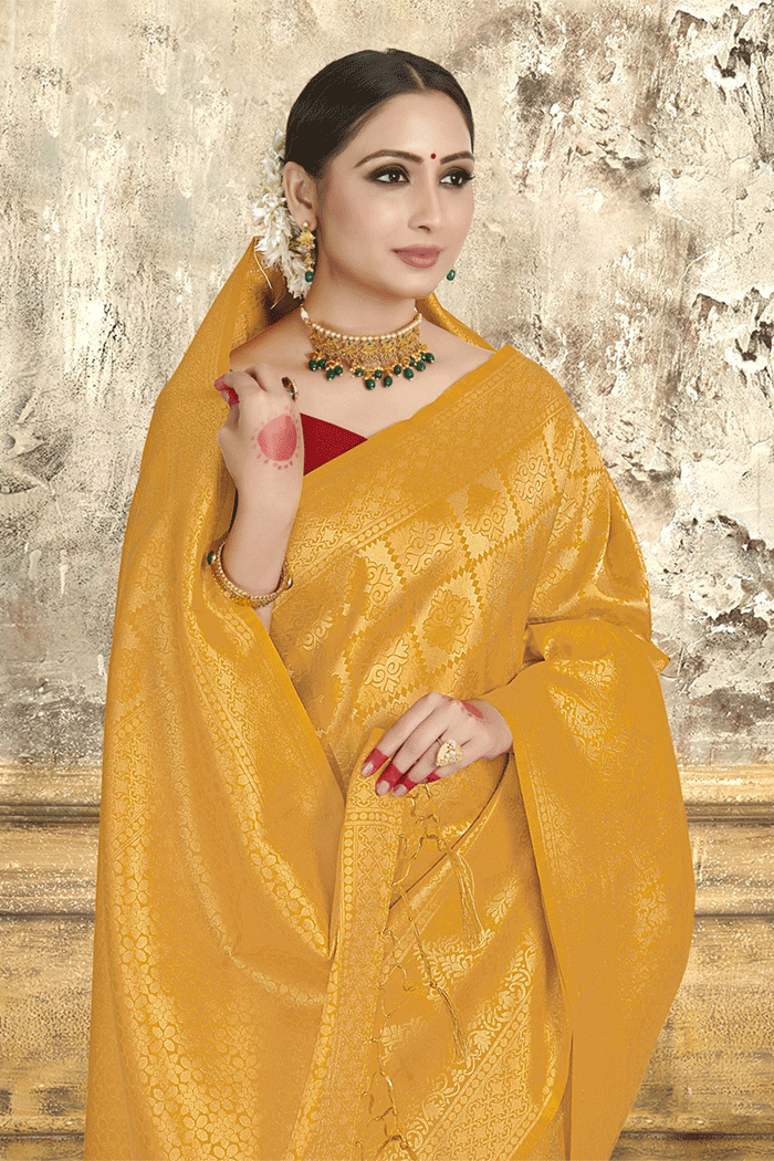 Sunglow Yellow Zari Woven Kanjivaram silk Saree