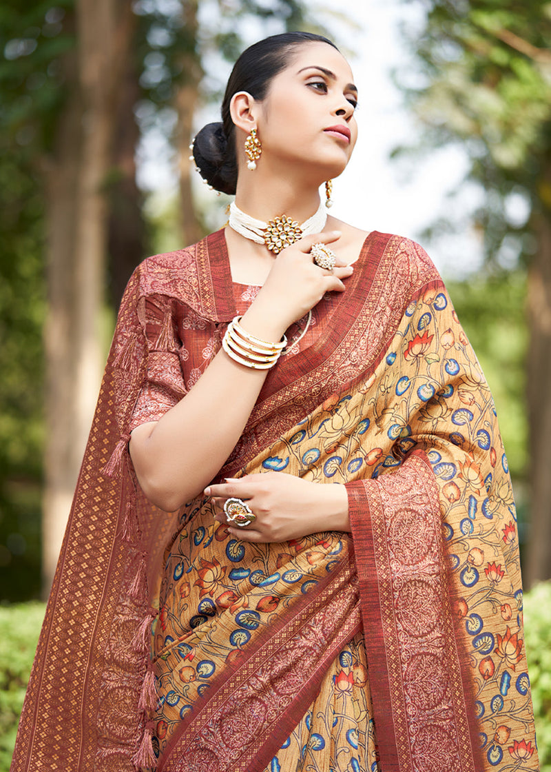 Antique Yellow Linen Kalamkari Digital Print Saree