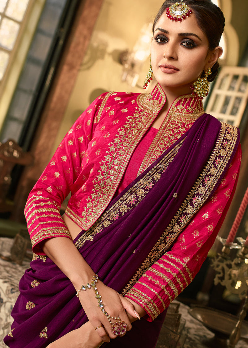 Cab Sav Purple Designer Embroidered Silk Saree