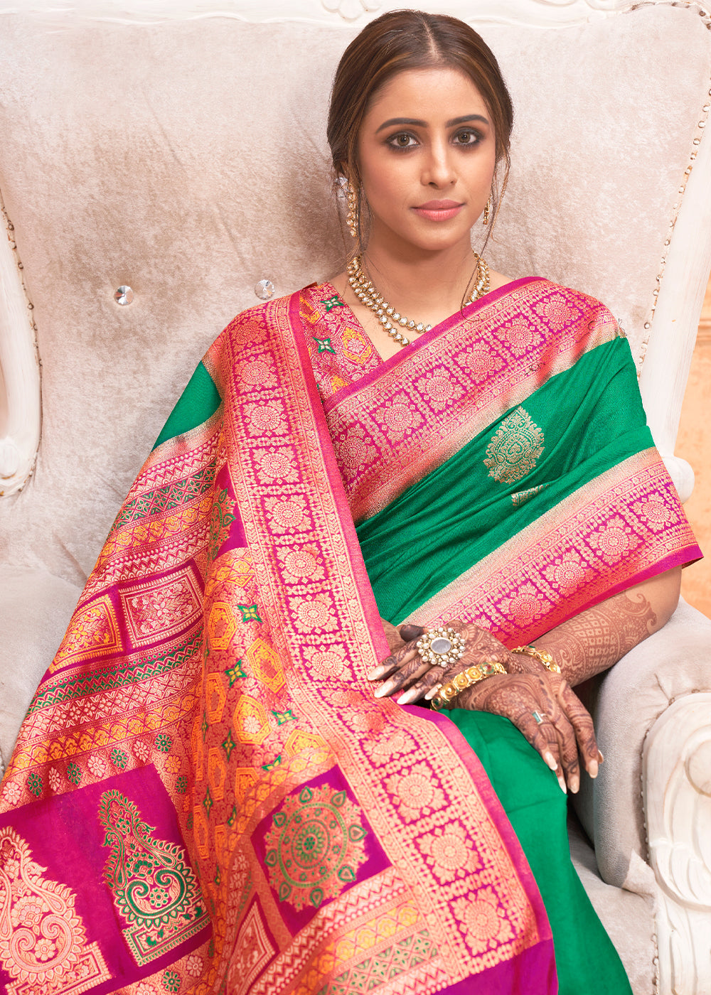 Buy MySilkLove Salem Green and Pink Zari Woven Banarasi Silk Saree Online
