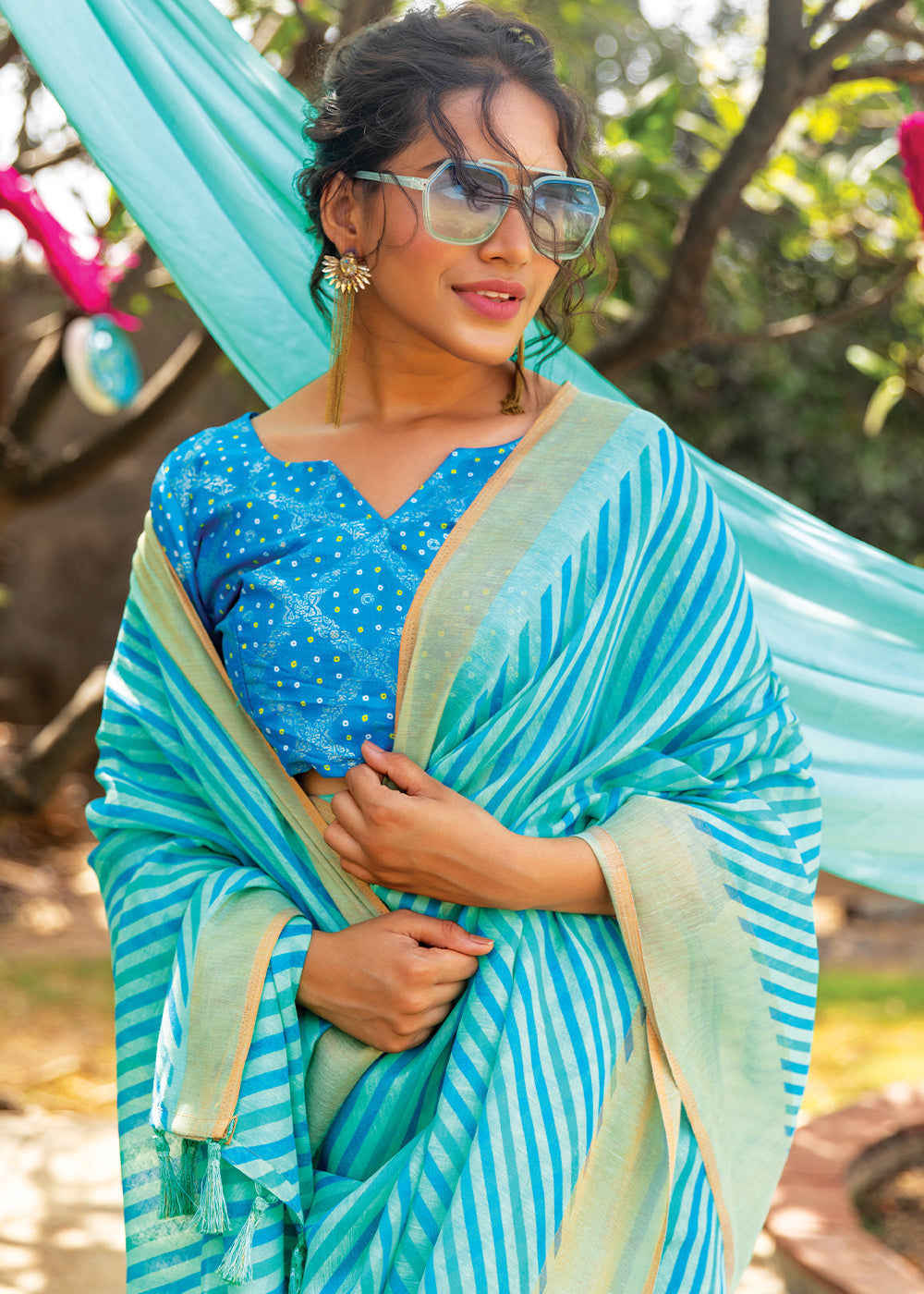 Buy MySilkLove Fountain Blue Cotton Saree With Leheriya Print Online