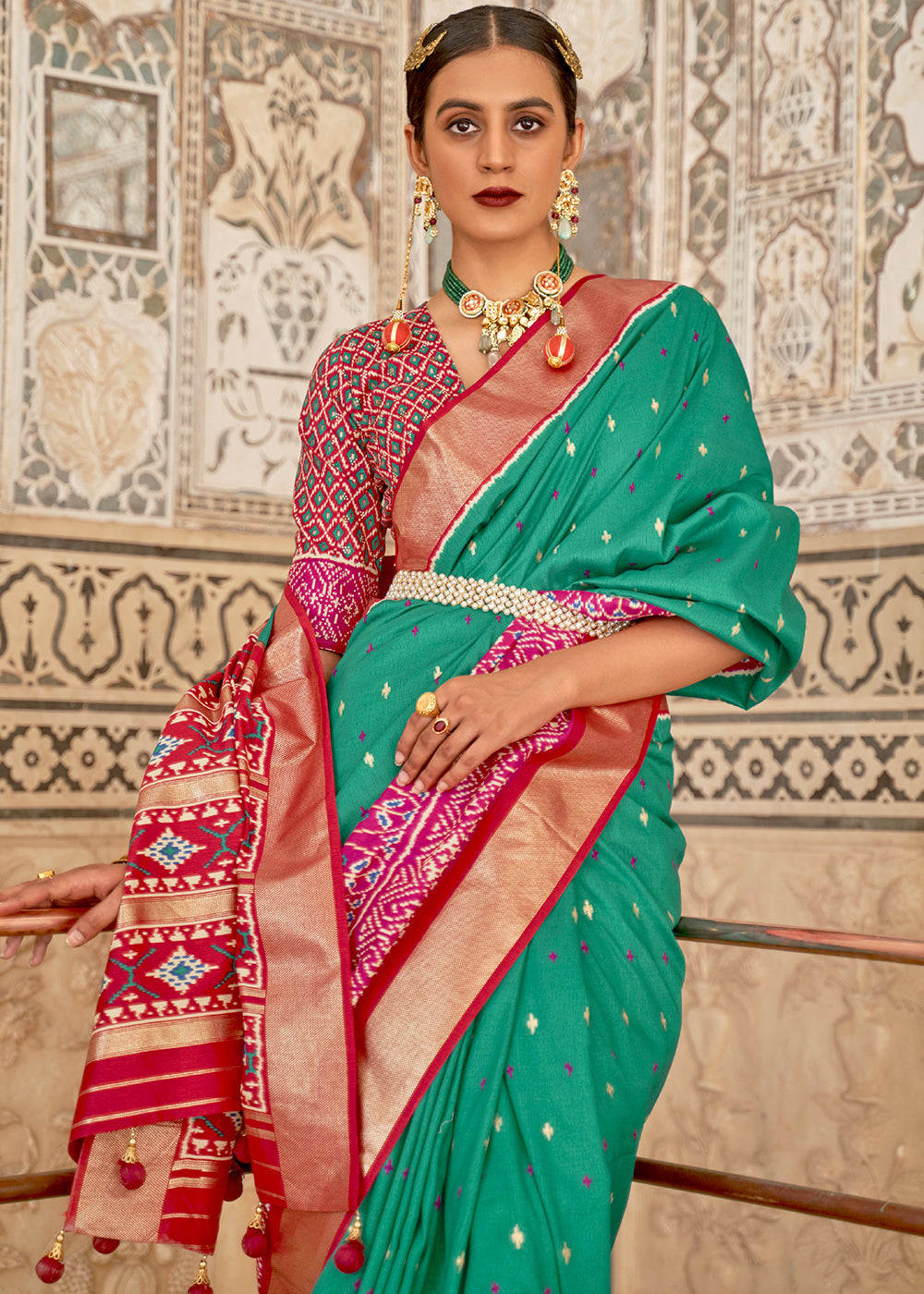 Buy MySilkLove Elf Green and Pink Blue Cotton Patola Printed Saree Online