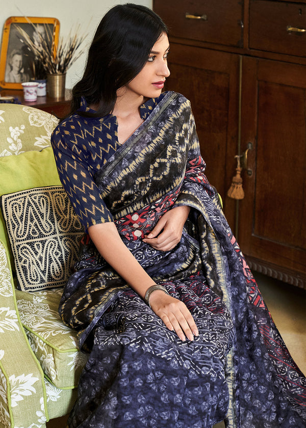 Trout Blue and Black Cotton Linen Batik Printed Saree