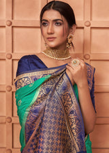 Emerald Green and Blue Banarasi Satin Silk Saree