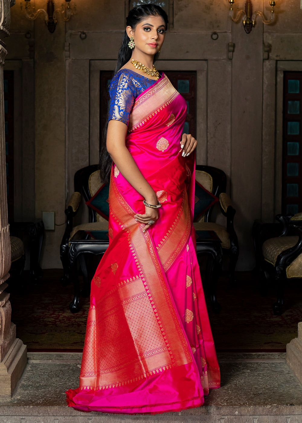 Buy MySilkLove Razzle Pink Hand Woven Katan Pure Silk Saree Online