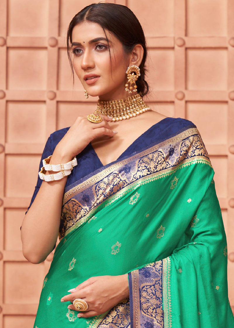 Emerald Green and Blue Banarasi Satin Silk Saree