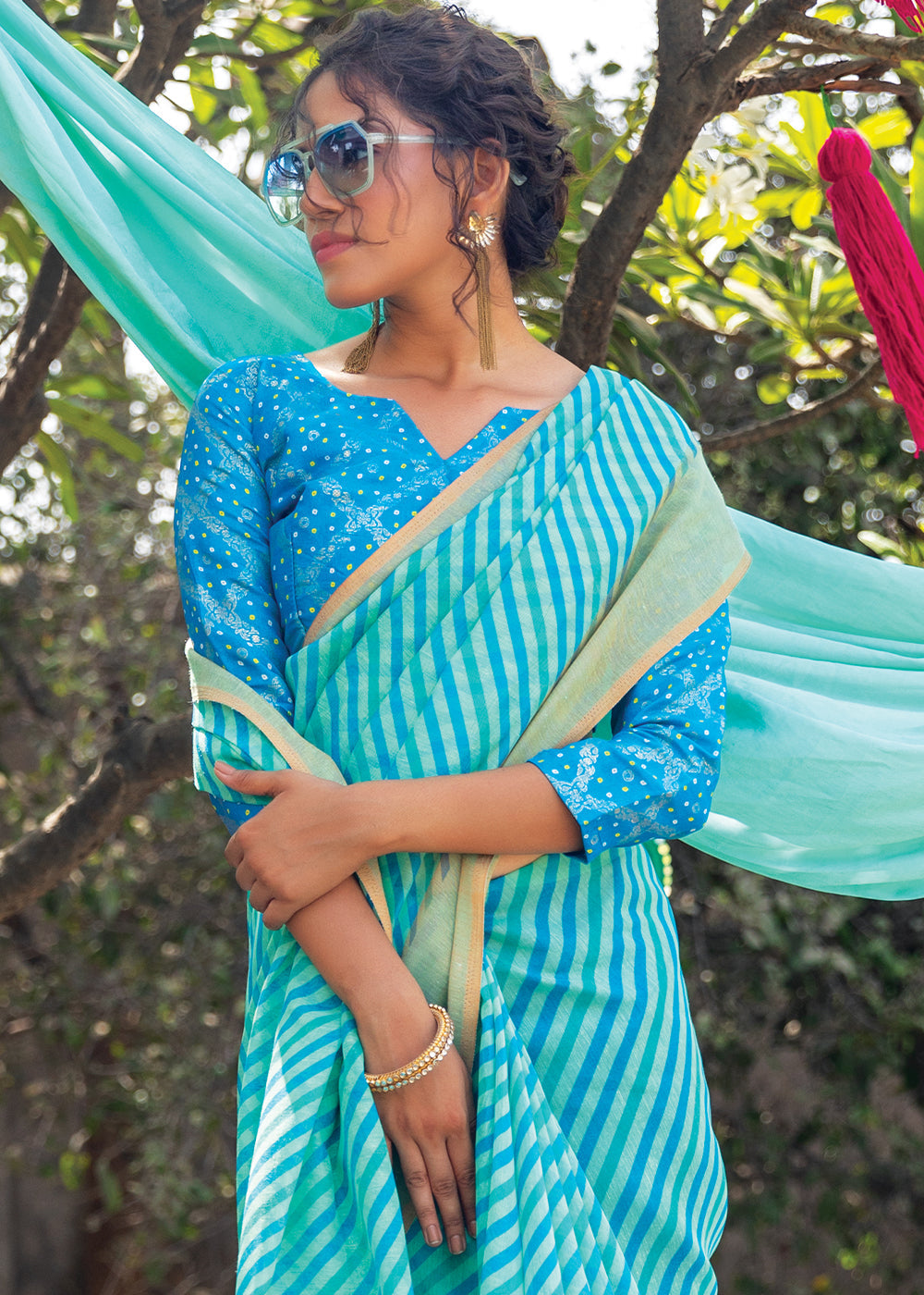 Buy MySilkLove Fountain Blue Cotton Saree With Leheriya Print Online